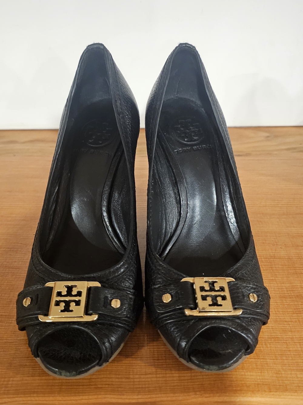 Tory Burch Black Leather Peep-Toe Pumps with Gold Logo